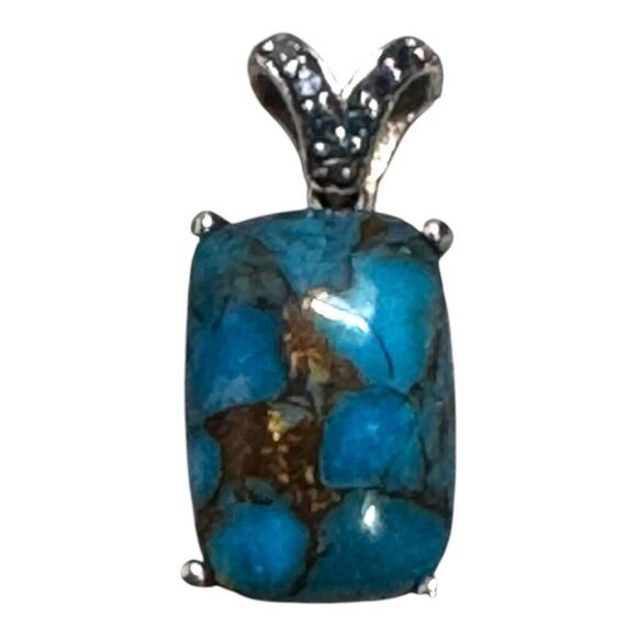 Turquoise & Sterling Silver 925 Small Petite Silver Rectangular Pendant W/ Bail - Picture 1 of 6